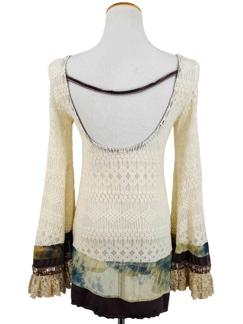 RARE Free People Embellished Bell Sleeve Lace Tunic Mini Dress S/M | Boho Indie - Picture 12 of 17